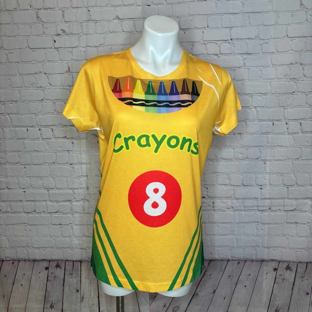 Crayon Vibrant Crayon Yellow Ladies Rainbow T-Shirt for Back to School Size L